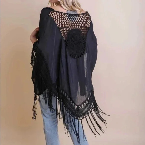 Black crochet medallion - black, tassel